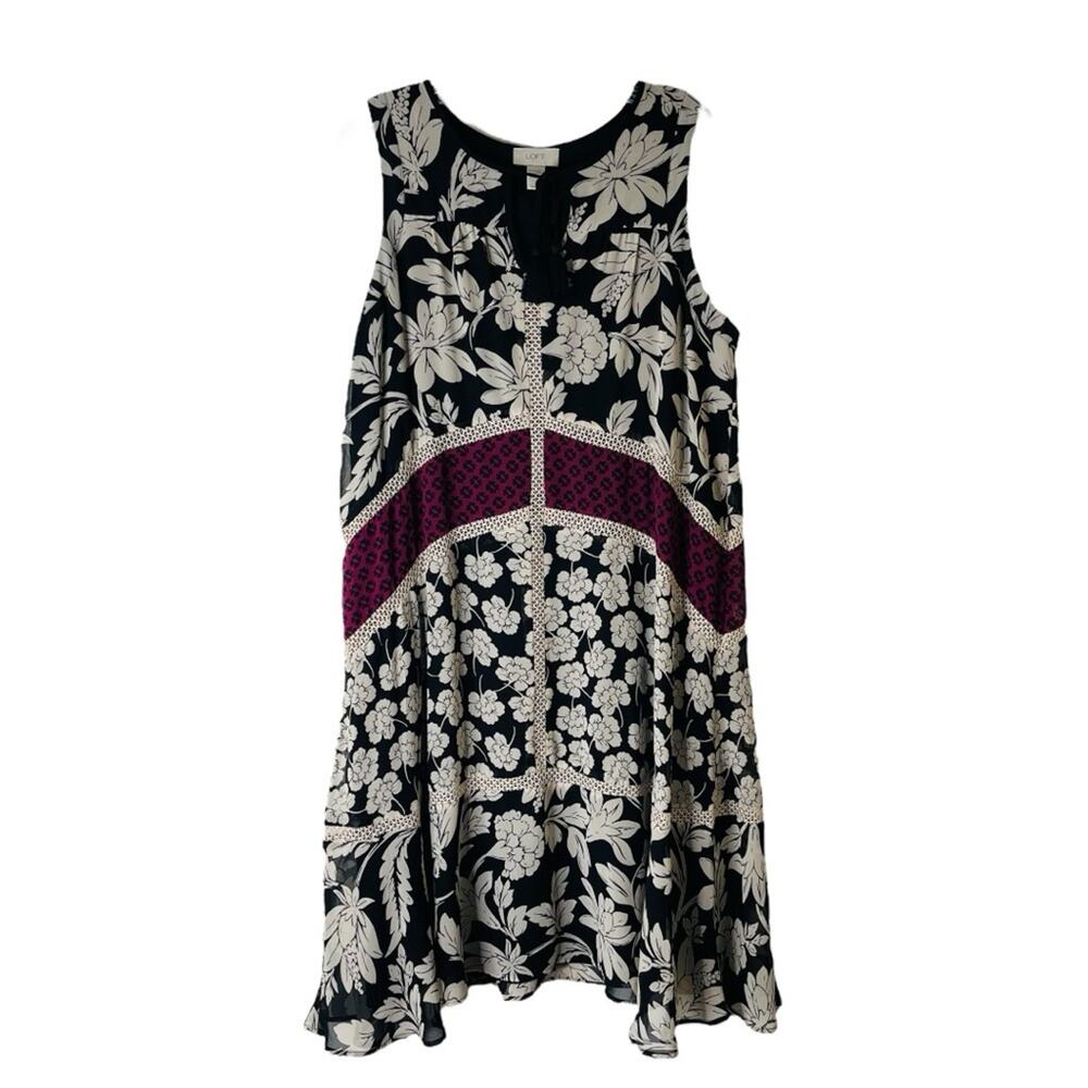 Loft black cream pink floral chiffon ruffle boho preppy midi dress large